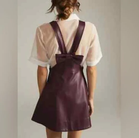 Anthropologie Maeve Faux Leather Pinafore Dress Plum Side Buttons Back Bow Sz XS - Picture 10 of 16